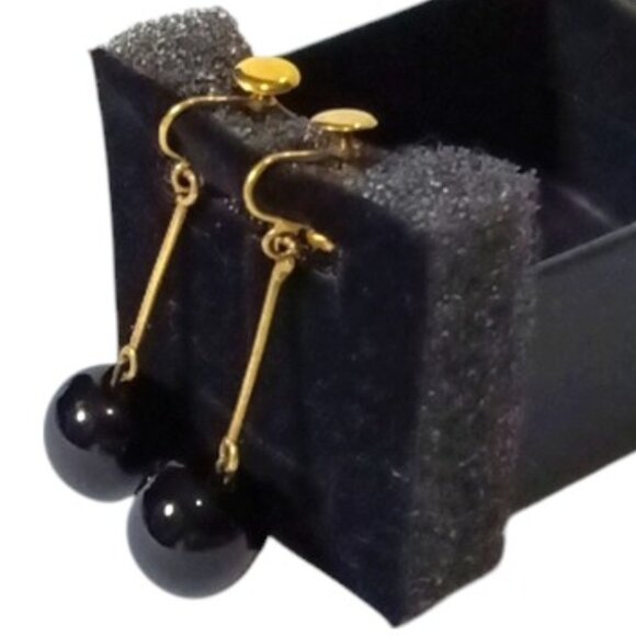 Black Onyx Ball Drop Earrings Screw-on Fasteners Gold Tone Wire - Picture 2 of 5